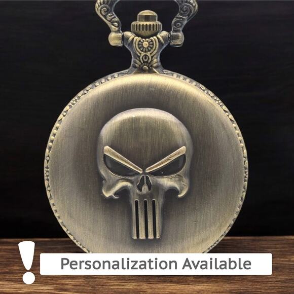 Punisher Skull Pocket Watch – Vintage Look Metal Biker Gothic Keepsake for Men - Picture 1 of 11